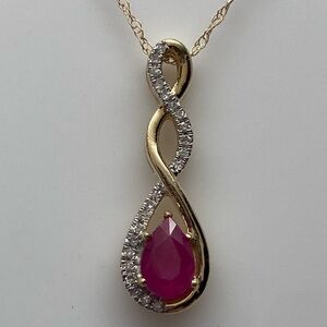 10K Yellow Gold Pear Shape Natural Ruby and Diamond Pendant and Chain NEW